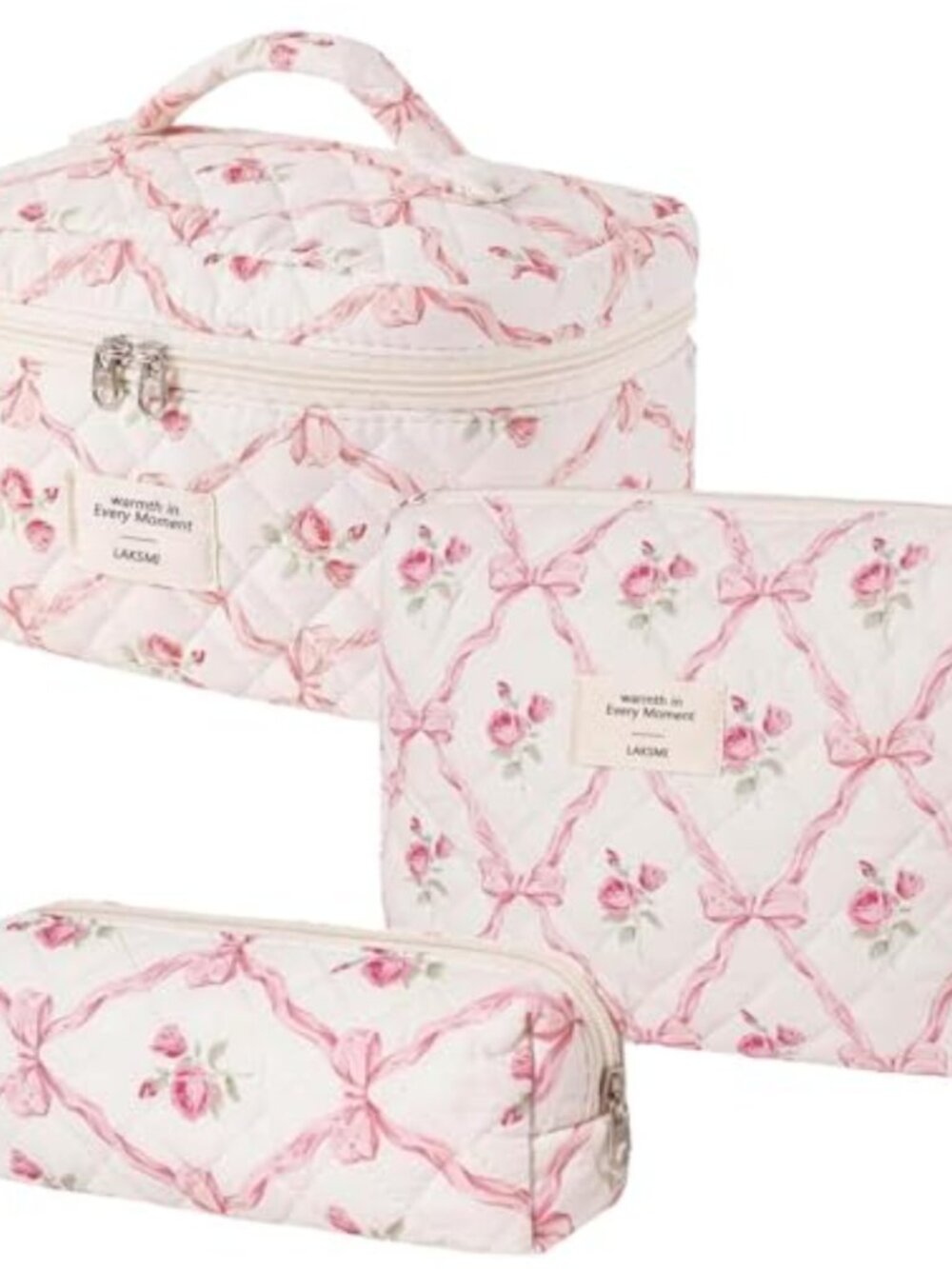 Quilted Floral Cotton Makeup Bag Set 3pc Toiletry Pouch Travel